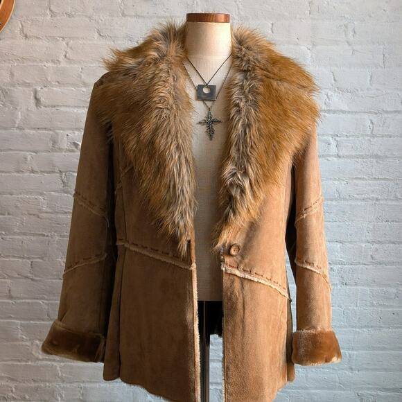 Vintage Jackets & Blazers - Y2K Brown Suede Penny Lane Jacket Groovy Faux Fur Genuine Leather Trench Coat